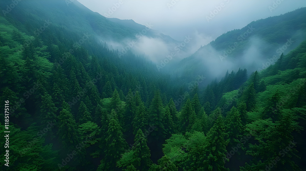 Misty Mountain Forest Landscape: Aerial View of Fog Enveloping Lush Green Hills Misty Mountain Forest Landscape: Aerial View of Fog Enveloping Lush Green Hills