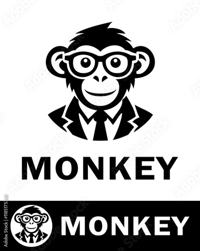 Creative monkey logo design featuring a monkey wearing glasses and a suit, symbolizing intelligence, professionalism, and uniqueness