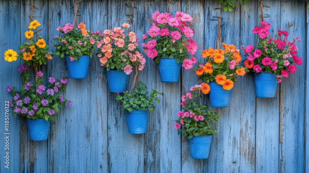 Fototapeta premium Brightly colored flowers in hanging pots arranged on a rustic wooden fence.