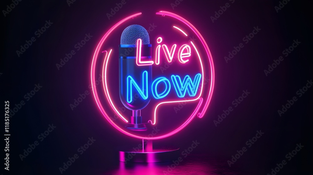 Neon Sign Live Now Microphone Broadcast Streaming Neon Sign Live Now Microphone Broadcast Streaming