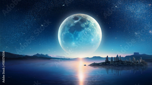 Moon Over Space and Lake - Mystical Nightscape Design Featuring a Glowing Moon Reflected on a Serene LakeGenerated image photo