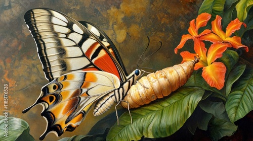 Ornate butterfly emerging from pupa on a vibrant flower. photo