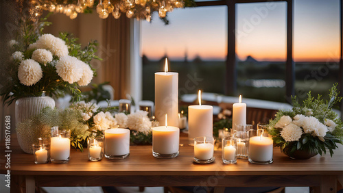 Beautiful Candle Arrangement with Scenic View - Elegant Stock Photo