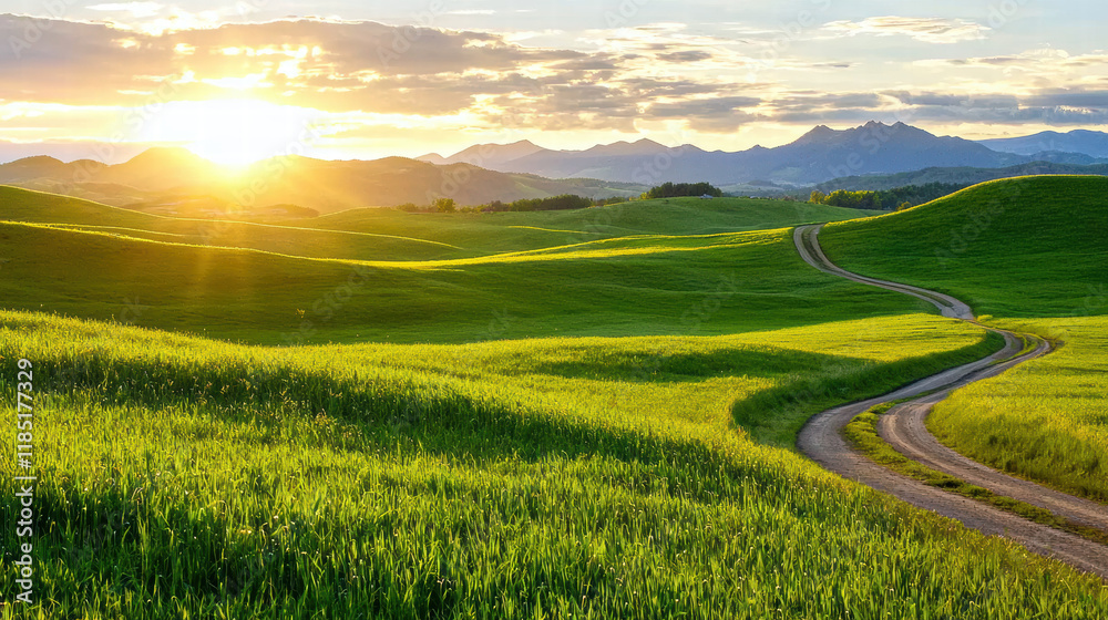 Obraz premium Winding road through rolling hills at golden hour with sunlight