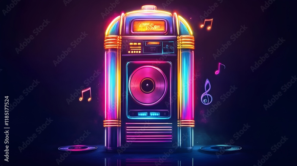 Naklejka premium Neon Retro Jukebox Music Player with Records
