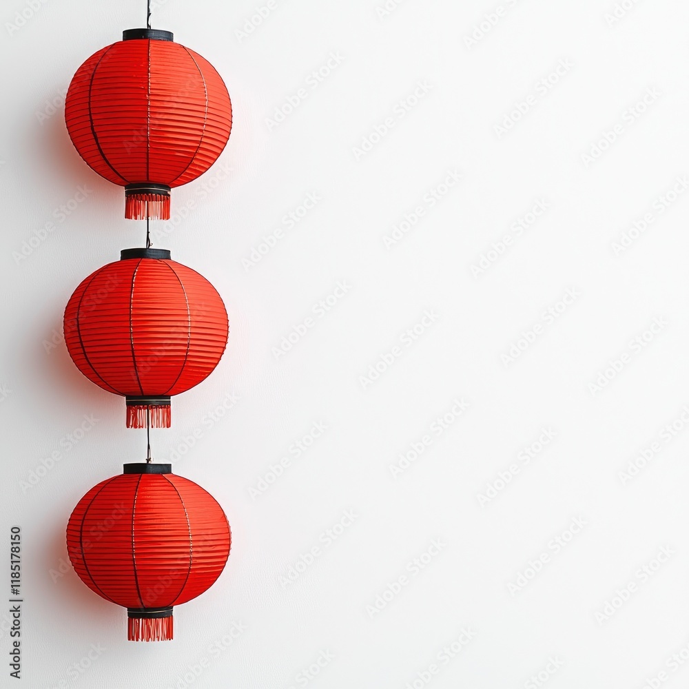 Obraz premium Red Chinese Lanterns Hanging on White Wall: Festive Decoration for Lunar New Year, Spring Festival, and Cultural Celebrations