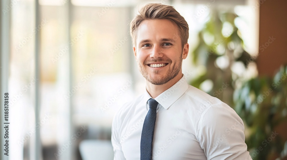 Portrait of smiling businessman wearing white shirt and tie in office setting Portrait of smiling businessman wearing white shirt and tie in office setting