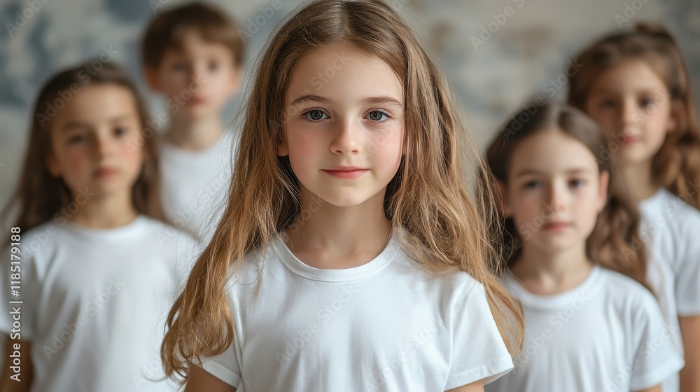 Obraz premium A girl in white t-shirt stands out among blurred children. Perfect for themes of childhood, unity, or focus.