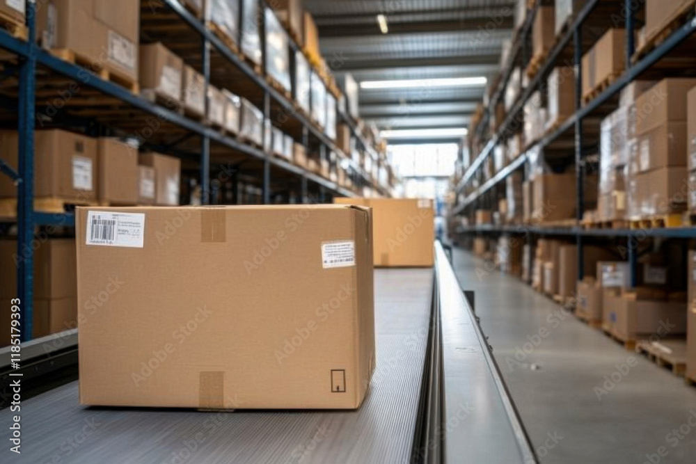 cardboard box travels on conveyor belt in large warehouse, showcasing efficient logistics cardboard box travels on conveyor belt in large warehouse, showcasing efficient logistics