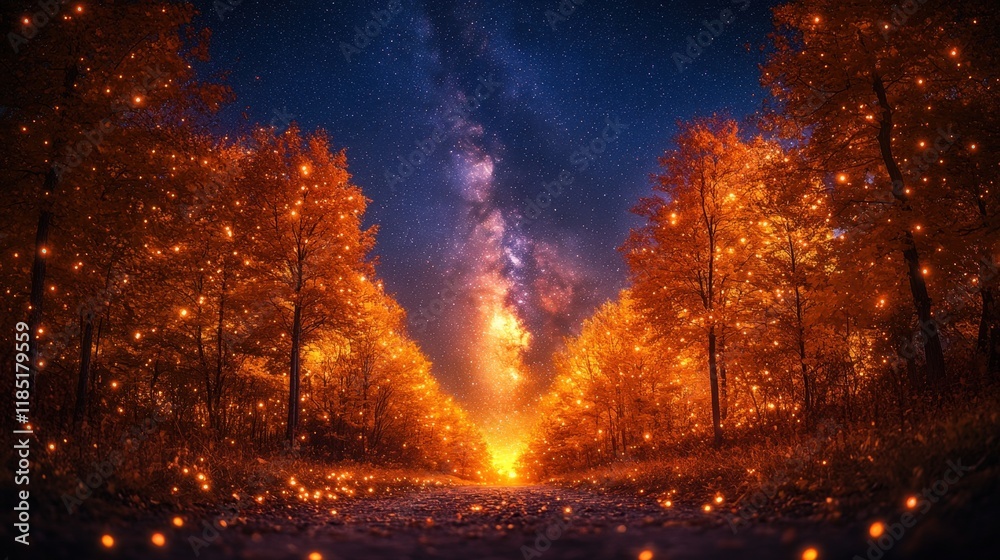 Magical Forest Path at Night with Glowing Fireflies and Milky Way Magical Forest Path at Night with Glowing Fireflies and Milky Way