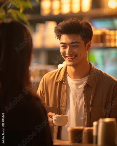 A young male barista serving coffee to a customer, cheerful expression, warm lighting, trendy cafe background, photo