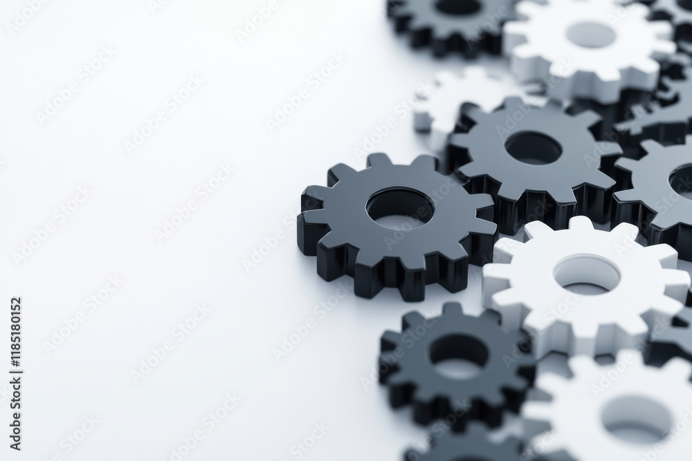 Black and white gears arranged on light background, symbolizing teamwork and strategy Black and white gears arranged on light background, symbolizing teamwork and strategy