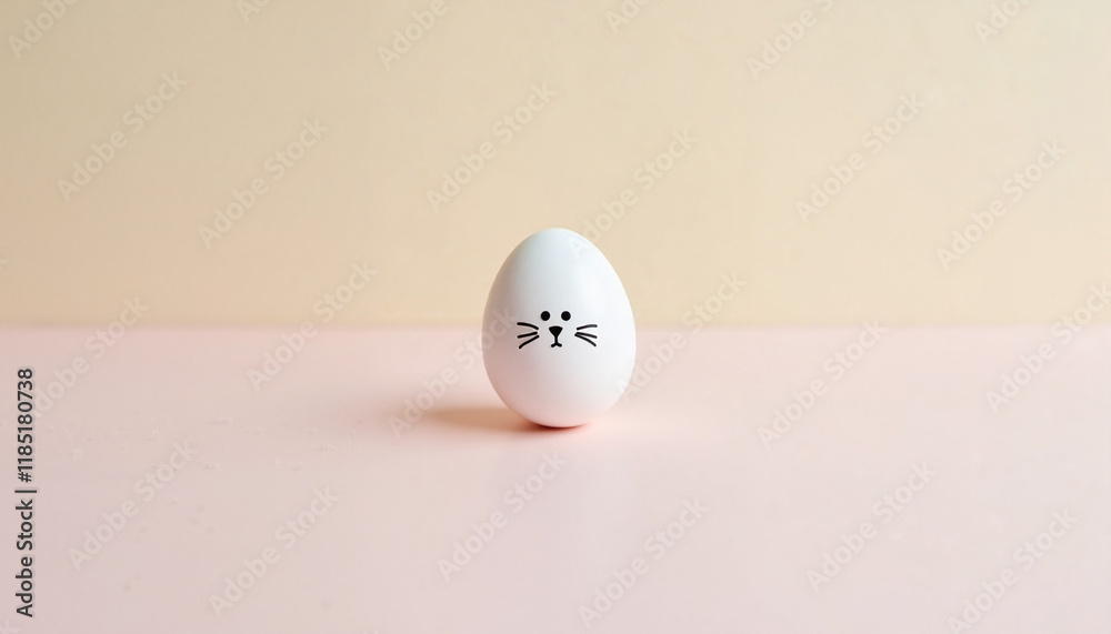 Minimalist white egg with bunny face on pastel background, Easter vibes Minimalist white egg with bunny face on pastel background, Easter vibes