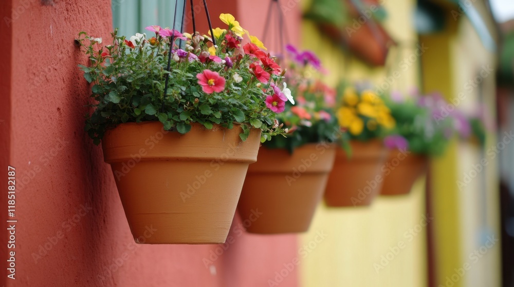 Fototapeta premium Hanging pots filled with cheerful flowers swaying gently in the wind.