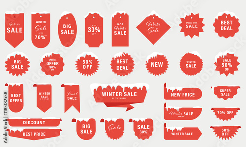 Vector set of winter sale labels and badges with snow. Includes a collection of sale, discount, and special offer labels. Vector illustration