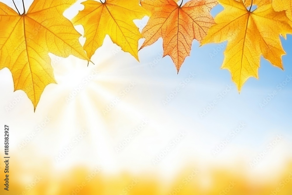 Vibrant Autumn Leaves against a Bright Sky with Rays of Sunshine Creating a Warm and Inviting Atmosphere for the Fall Season
