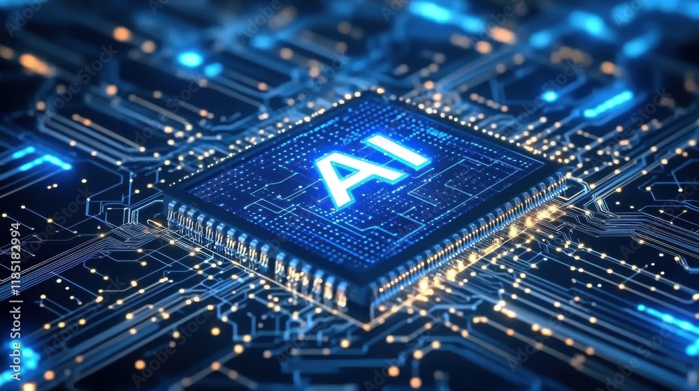 Obraz premium AI Technology: Futuristic Microchip with Artificial Intelligence System