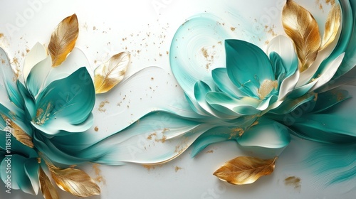 Abstract teal & gold flowers swirl, with scattered flecks, on a white background for art use