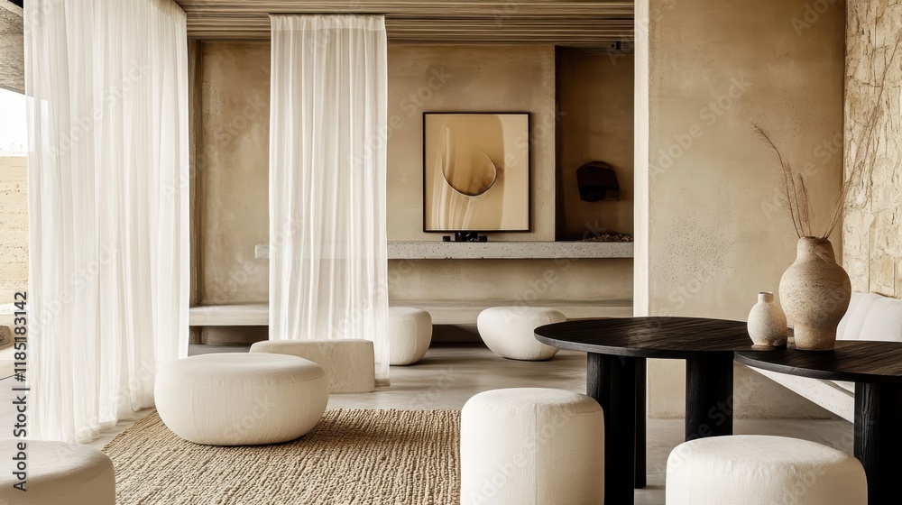 Obraz premium Minimalist living room, neutral tones, beige and cream colors, large windows, sheer curtains, low profile sofa, abstract wall art, potted plant, track lighting, textured wall panels, modern interior d