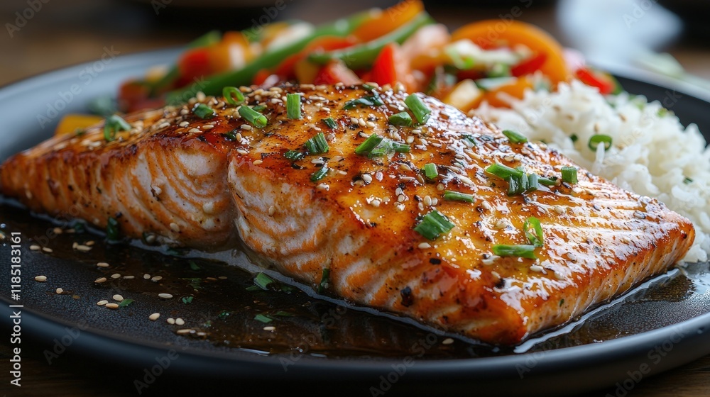 Glazed salmon fillet with rice and stir-fried vegetables. Glazed salmon fillet with rice and stir-fried vegetables.