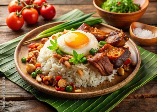 Delicious Lechon Silog Filipino Breakfast Plate with Copy Space photo