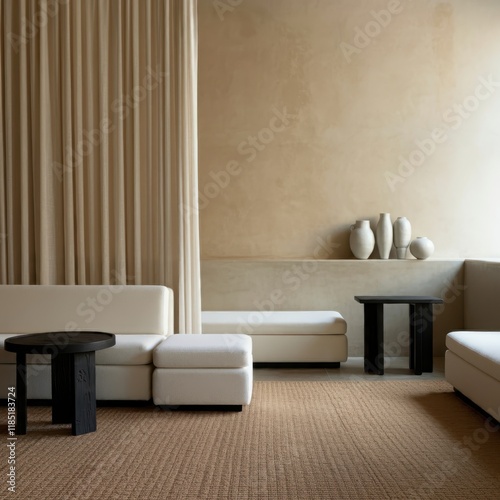 Wallpaper Mural Minimalist living room, neutral tones, beige and cream colors, large windows, sheer curtains, low profile sofa, abstract wall art, potted plant, track lighting, textured wall panels, modern interior d Torontodigital.ca