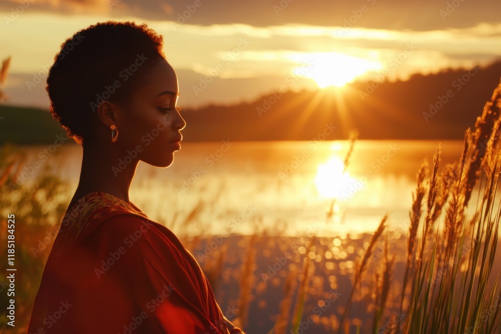 Fototapeta premium Woman enjoying a serene sunset by the lake with sunlight reflecting on calm waters