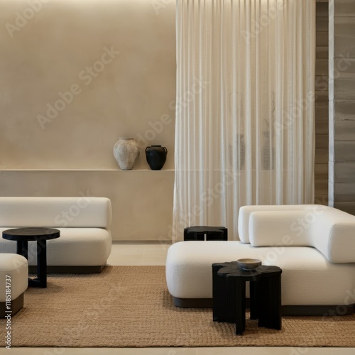 Wallpaper Mural Minimalist living room, neutral tones, beige and cream colors, large windows, sheer curtains, low profile sofa, abstract wall art, potted plant, track lighting, textured wall panels, modern interior d Torontodigital.ca