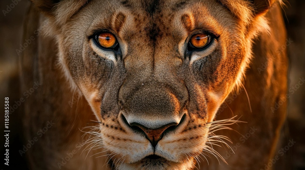 Fototapeta premium Lioness Close-Up Portrait: Intense Gaze in Golden Light