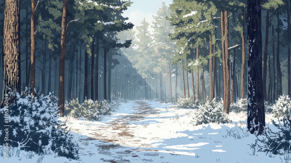 Naklejka premium Snowy Forest Path: Winter Wonderland Trail