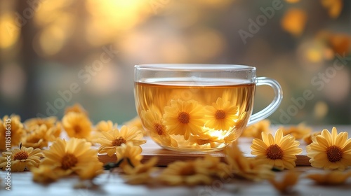 Golden Chrysanthemum Tea in Glass Cup, Autumnal Setting photo