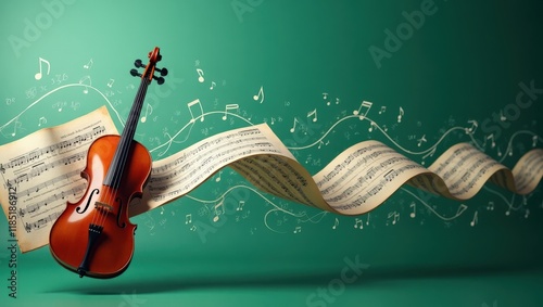 A classic violin and flowing musical scores evoke harmony and creativity for concerts, music lessons and artistic media