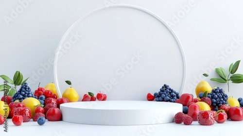 Fototapeta Naklejka Na Ścianę i Meble -  White podium with assorted fresh fruits.