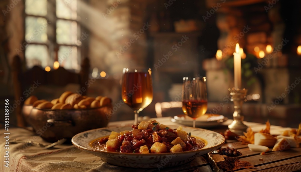 A rustic table setting with a steaming dish of food, wine glasses, candles, and bread. A rustic table setting with a steaming dish of food, wine glasses, candles, and bread.