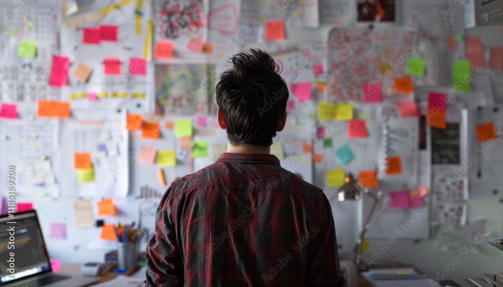 Young entrepreneur strategizes amidst a vibrant, idea-filled workspace.  Sticky notes and a laptop surround him, showcasing the energy and challenges of launching a new venture. Bright, airy backdrop.