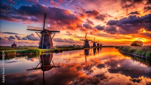 Dramatic Silhouette of Dutch Windmills at Dawn - Low Light Landscape Photography