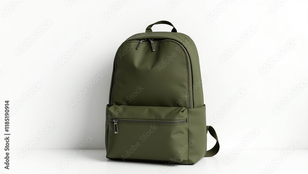 Naklejka premium Olive Green Backpack Standing On White Surface