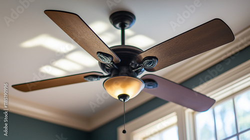  brown ceiling  fan    hanging from white ceiling