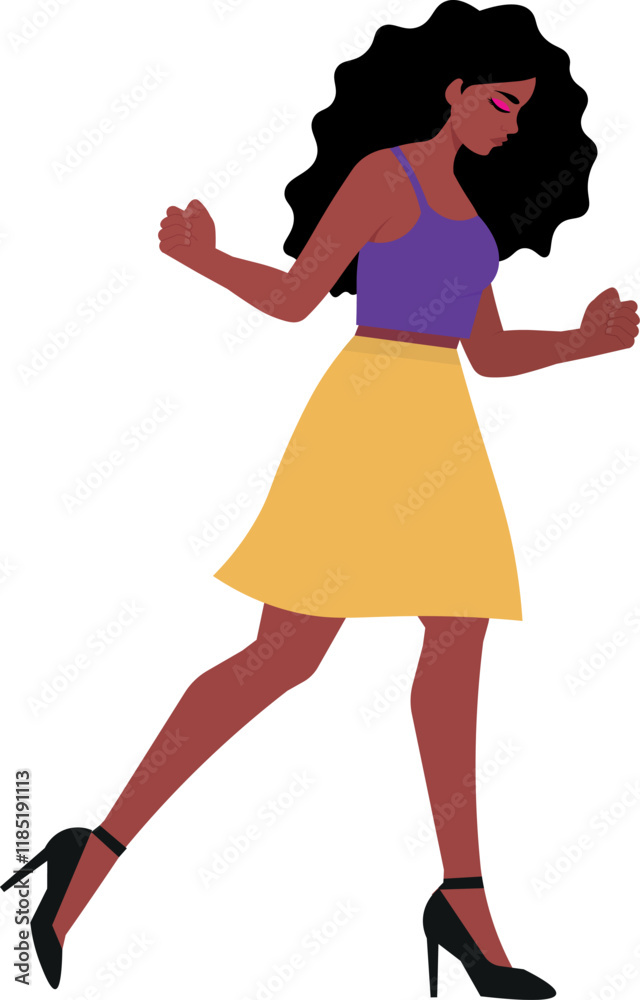 Black woman with curly hair, wearing yellow and purple clothing, with her fists closed Black woman with curly hair, wearing yellow and purple clothing, with her fists closed