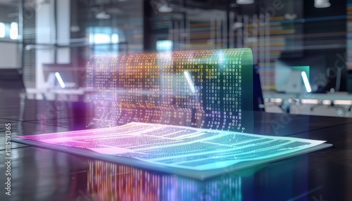 AI document analysis futuristic office. Holographic document displays colorful binary code cascading.  Innovative tech.
