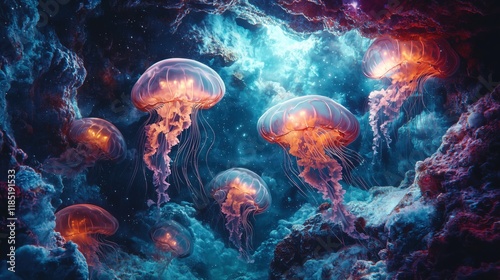 Glowing jellyfish swimming through cosmic underwater cave
