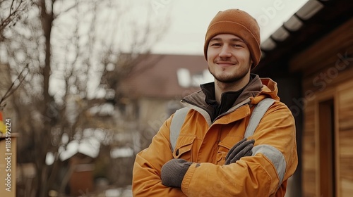 Smiling delivery man winter outdoors, house background, package delivery. photo