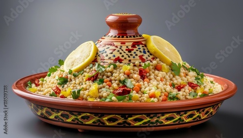 A traditional Moroccan tagine filled with couscous, vegetables, and lemon slices. photo