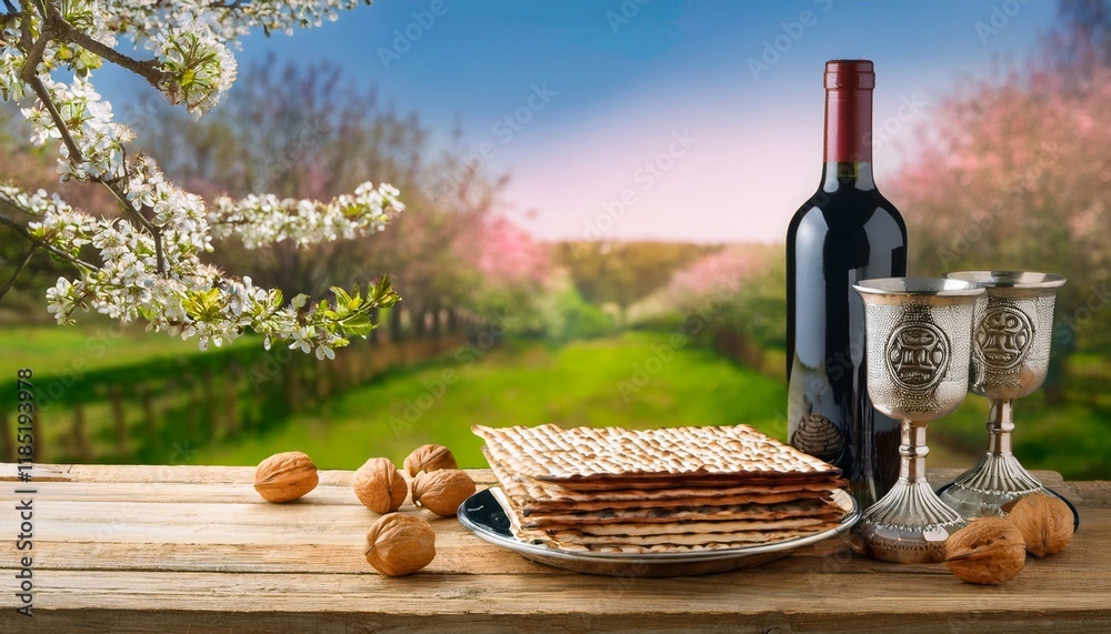 Naklejka premium Passover Seder: Matzah, wine, and walnuts.
