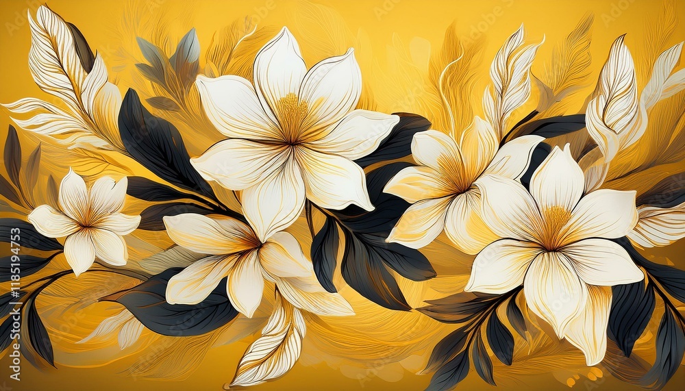 Elegant white and gold flowers on a mustard yellow background.