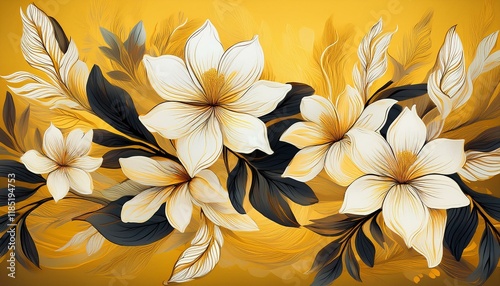 Obraz na płótnie Elegant white and gold flowers on a mustard yellow background. w salonie