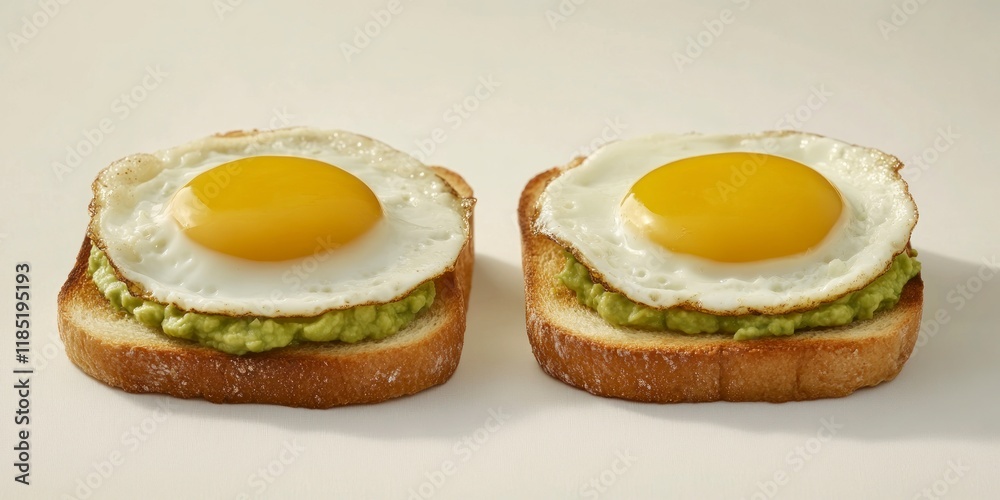 Two avocado toasts topped with fried eggs. Two avocado toasts topped with fried eggs.