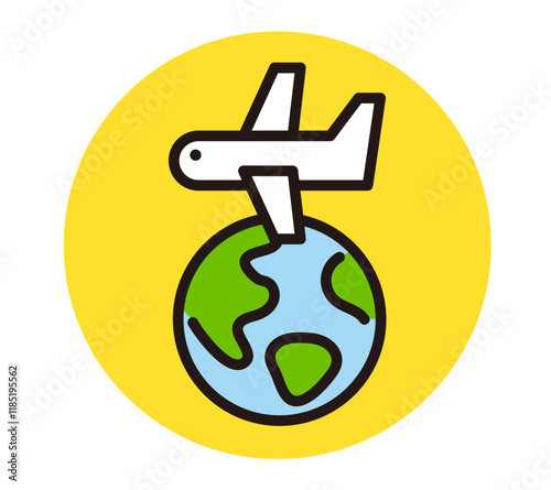 地球と飛行機のアイコン。旅行やビジネス、言語留学のイメージイラスト。