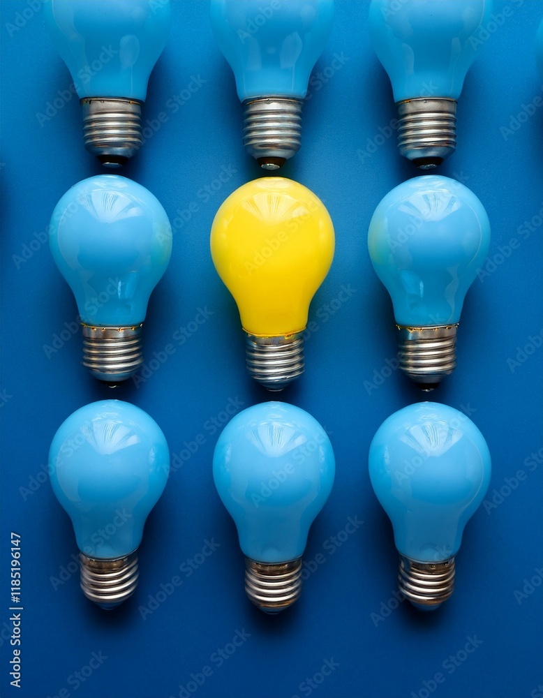 Unique Idea. One yellow lightbulb stands out among blue ones. Unique Idea. One yellow lightbulb stands out among blue ones.