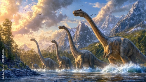 Prehistoric giants, sauropods, dinosaurs, crossing a river, mountain range, sunrise, scenic, landscape, nature, wildlife, majestic, creatures, extinct, animals, ancient, paleontology, fossils, prehist photo